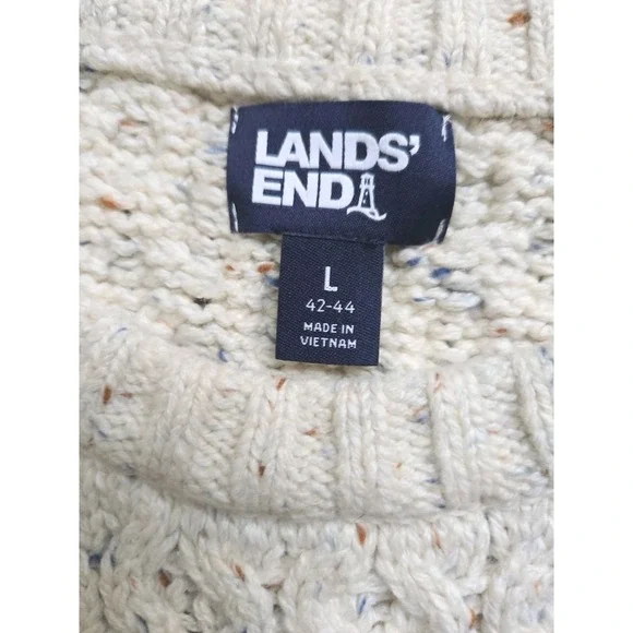 LANDS END Men's Cotton Blend Aran Cable Crew Neck Sweater Large Off White EUC Crewneck